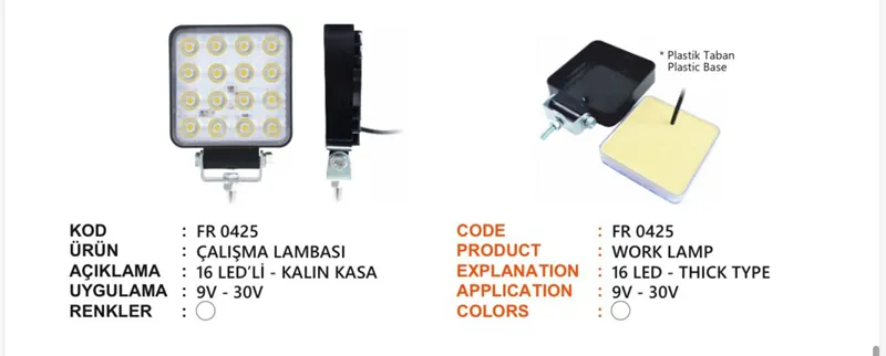 FR 16 LEDLİ ÇALIŞMA LAMBASI KALIN KASA EPOKSİLİ 9-30 VOLT