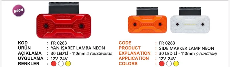 FR 2 FONKSİYONLU YAN İŞARET LAMBA NEON 30 LED BEYAZ BRAKETLİ