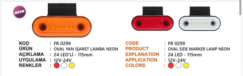 FR OVAL YAN İŞARET LAMBASI NEON 24 LEDLİ SARI 12-24 VOLT BRAKETLİ