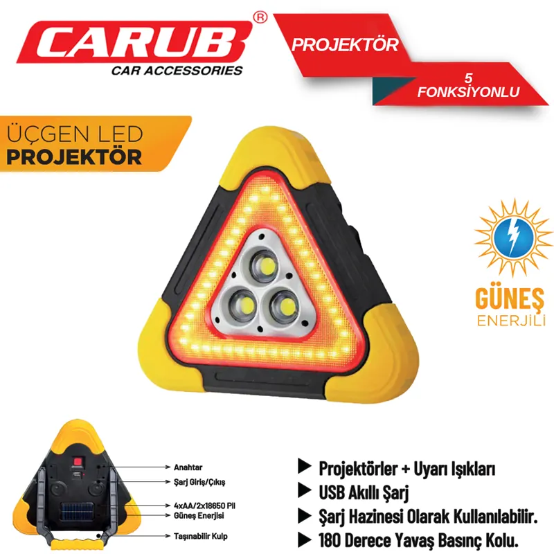 CARUB ÜÇGEN İKAZ REFLÖKTÖRÜ GÜNEŞ ENERJİLİ 5 FONKSİYON