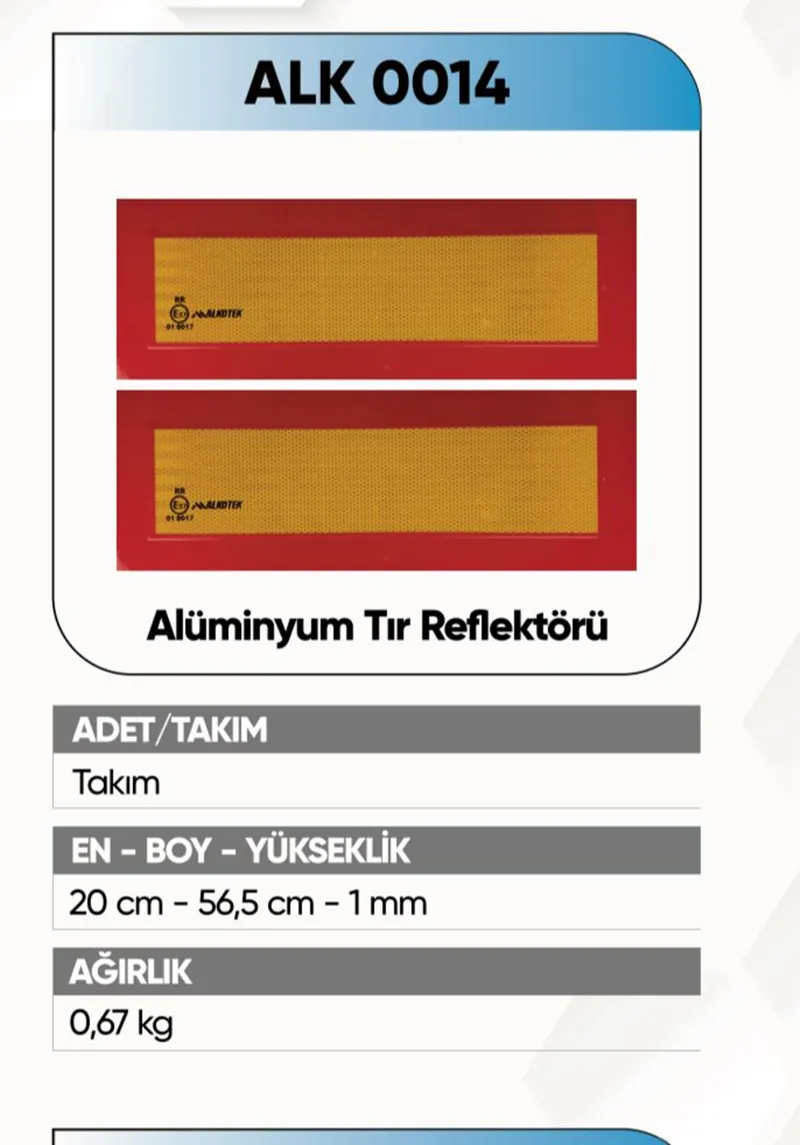 ALKOTEK TIR ARKA İŞARET REFLEKTÖR ALÜMİNYUM RR