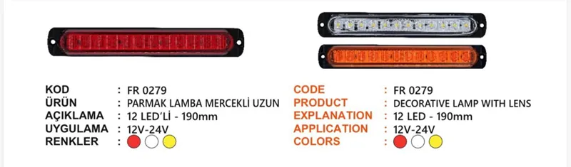 FR 12 LEDLİ PARMAK LAMBA MERCEKLİ UZUN 190MM SARI 12-24 VOLT