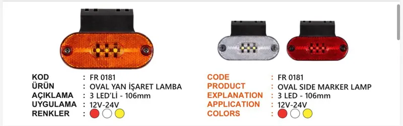 FR YM.OVAL LAMBA 3 LEDLİ BRAKETLİ SARI