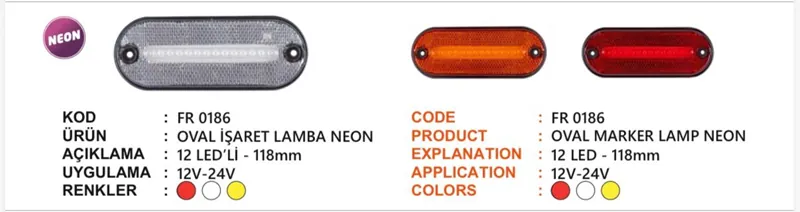 FR NEON LAMBA OVEL SARIFR NEON YAN İŞRARET LAMBA OVAL 12 LEDLİ SARI 12-24 VOLT