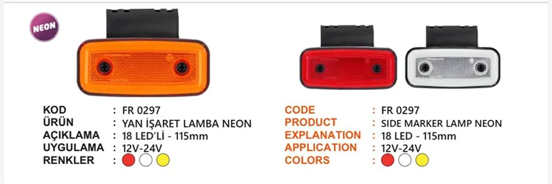 FR GENİŞ İŞARET LAMBA NEON SARI BRAKETLİ 12-24 VOLT