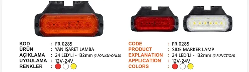 FR YAN İŞARET LAMBA 24 LEDLİ 2FONK.BRAKETLİ KIRMIZI