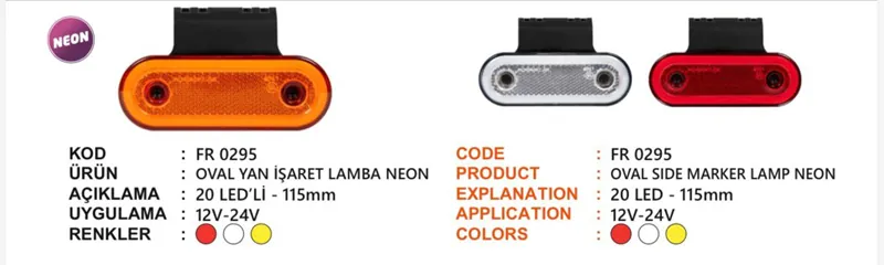FR OVAL YAN İŞARET LAMBA NEON 20 LEDLİ SARI BRAKETLİ 12-24 VOLT