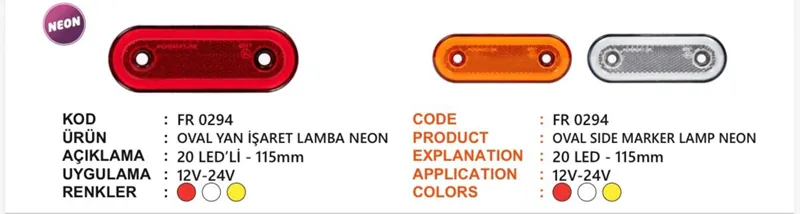 FR OVAL YAN İŞARET LAMBA NEON 20 LEDLİ SARI 12-24 VOLT
