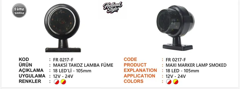 FR MAKSİ TAKOZ LAMBA 18 LEDLİ FÜME CAMLI SARI KIRMIZI 12-24 VOLT